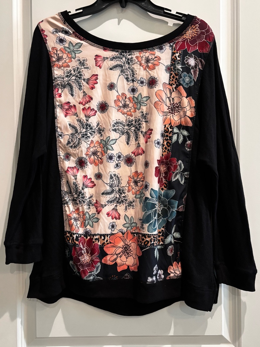 Democracy XL Mixed Print Floral Boho Knit Top Long Sleeve Black